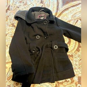Black double breasted pea coat with removable hood.